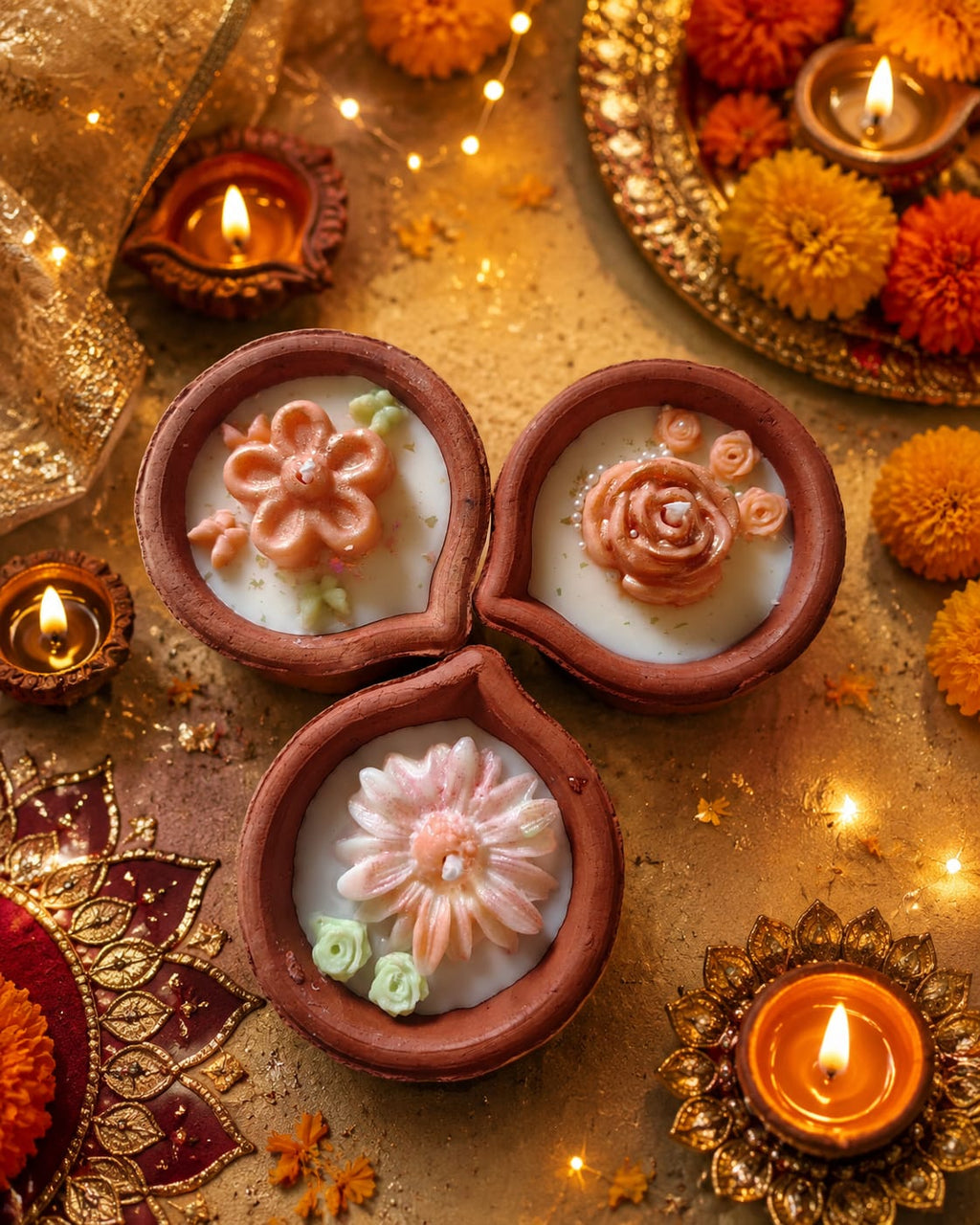 Festive Floral Diya Candle Set – Luxury Handmade Diwali Gift Set