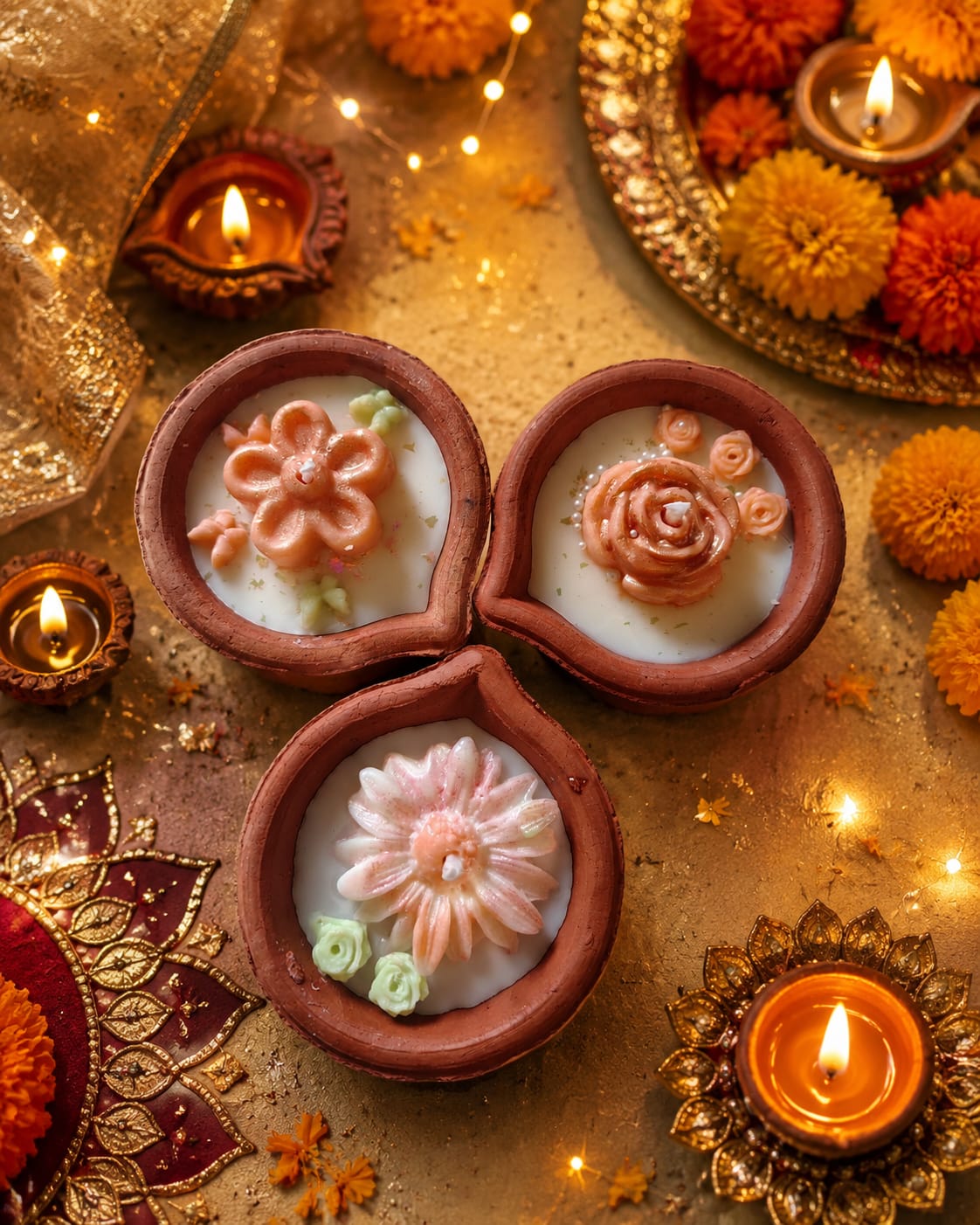 Festive Floral Diya Candle Set – Luxury Handmade Diwali Gift Set