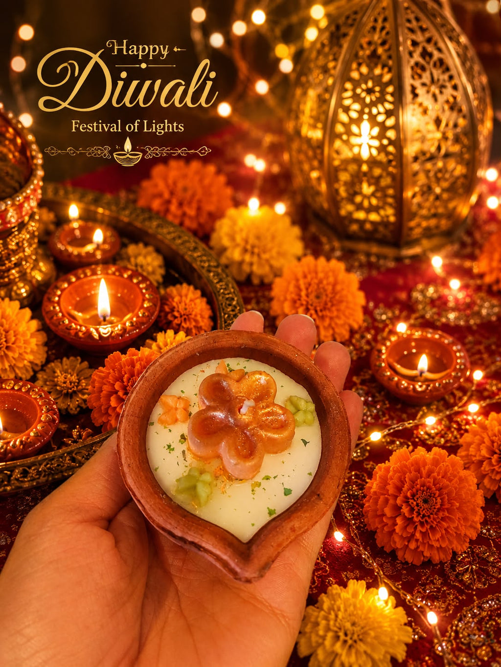 Festive Floral Diya Candle Set – Luxury Handmade Diwali Gift Set