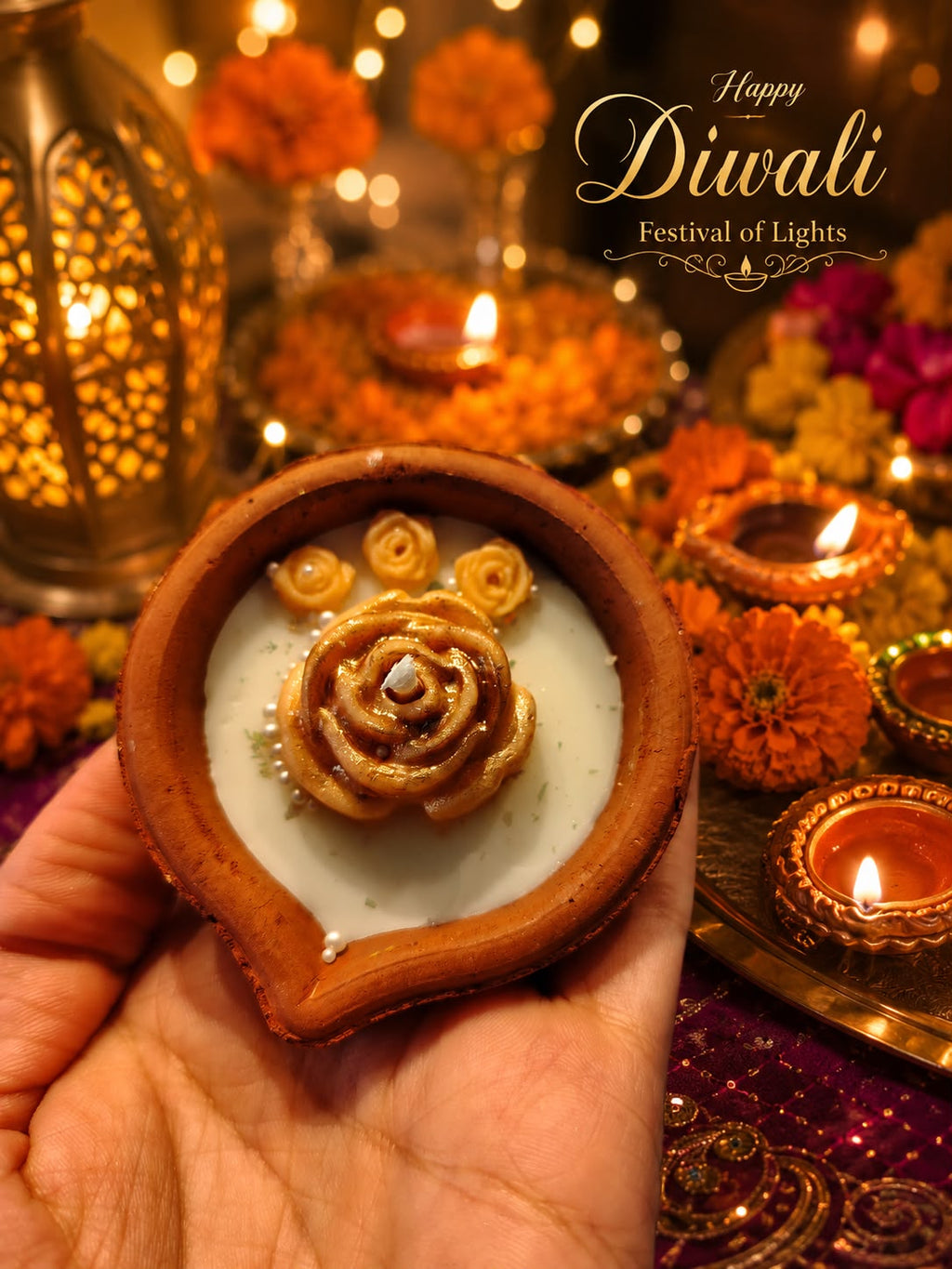 Festive Floral Diya Candle Set – Luxury Handmade Diwali Gift Set