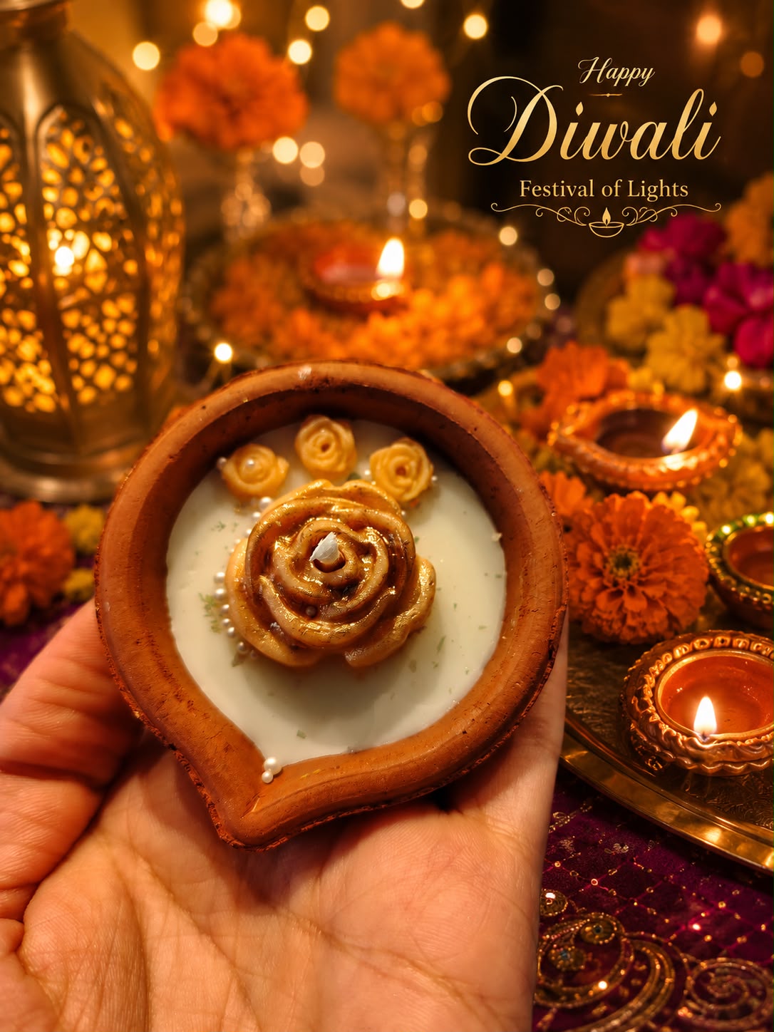 Festive Floral Diya Candle Set – Luxury Handmade Diwali Gift Set