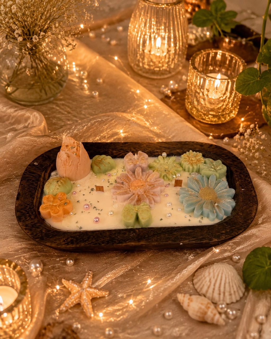 Enchanted Floral Garden Wooden Bowl Candle – Luxury Decorative Gift Candle